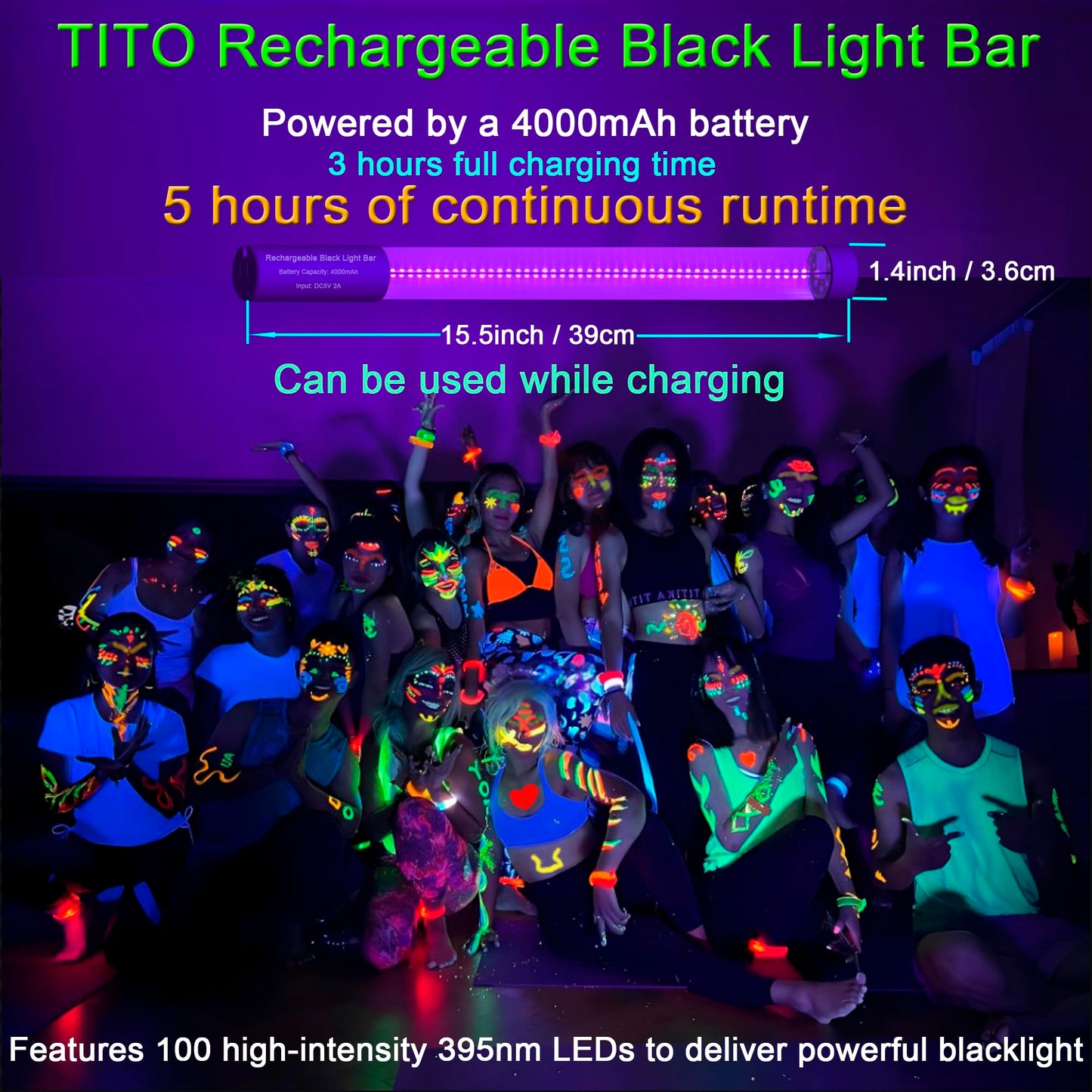 TITO Rechargeable Black Light Bar, UVA 395nm Waterproof Cordless Portable Battery Powered Blacklight Bar, Glow in Dark Halloween Party Fluorescent Posters Decor Display Night Fishing Aquarium, 2 Pack