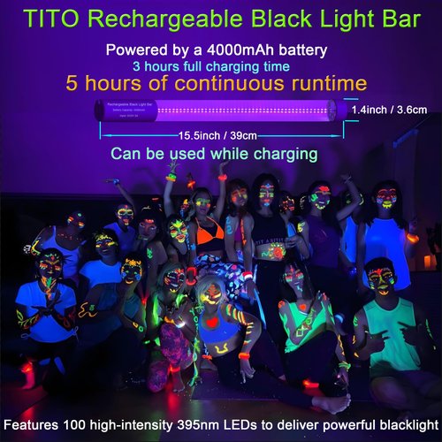 TITO Rechargeable Black Light Bar, UVA 395nm Waterproof Cordless Portable Battery Powered Blacklight Bar, Glow in Dark Halloween Party Fluorescent Posters Decor Display Night Fishing Aquarium, 2 Pack