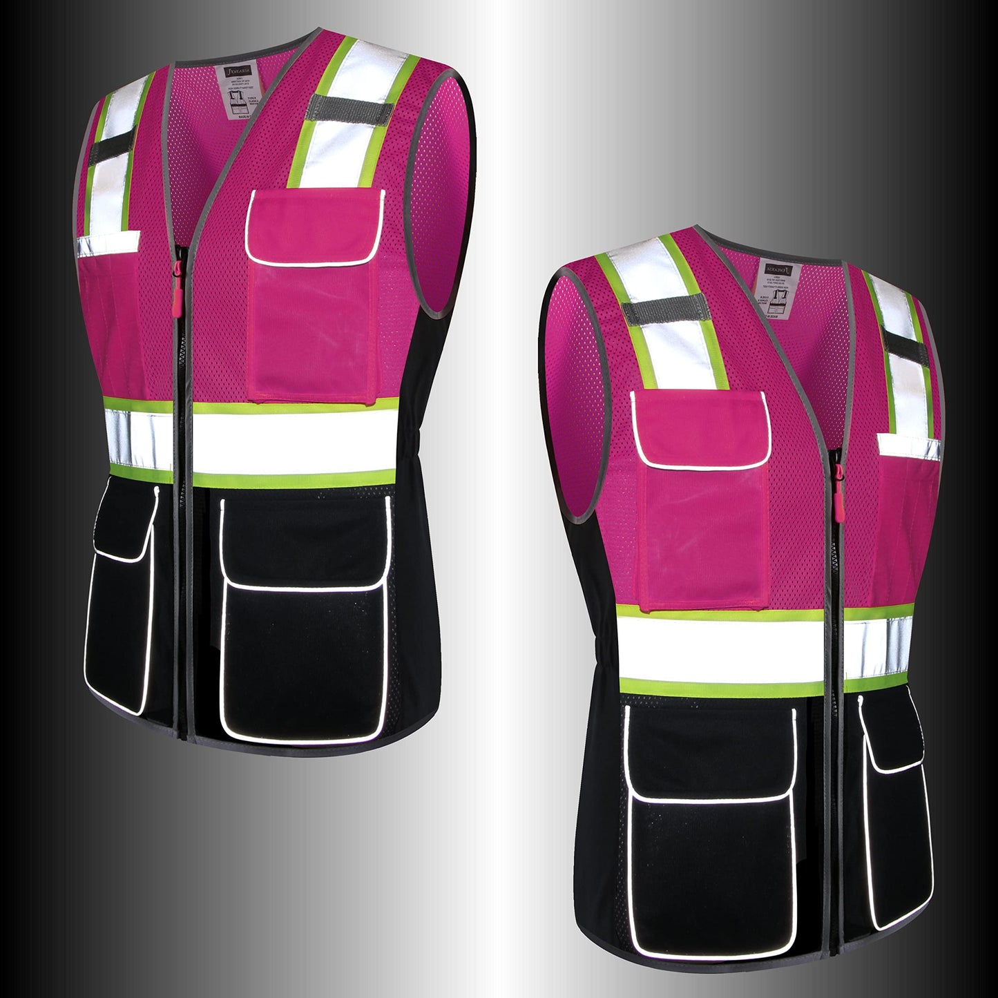 JKWEARSA Safety Vest For Women,High Visibility Reflective Work Vest With Multi Pockets And Zipper,Pink and Black,Large