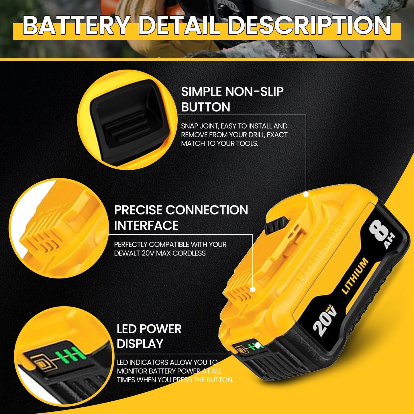 DCB200 8.0Ah Replacement for dewalt 20v max Battery Lithium-ion Batteries DCB200 DCB201 DCB203 DCB204 DCB206 DCB180 DCD/DCF/DCG Series Cordless Tools with LED Indicator 2Packs