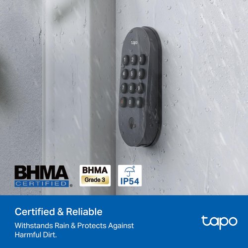 Tapo Smart Wi-Fi Deadbolt Door Lock โ Keyless Tactile Buttons, Customized Access with in-App Monitoring, Auto-Lock, IP54 Weatherproof, BHMA Grade 3, Compatible with Standard Door Sizes, Tapo DL100