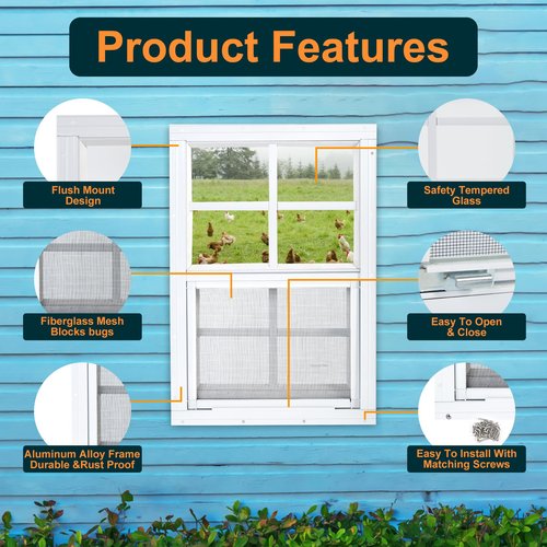 Kevirice Shed Window 2 Pack 14"X21" White Flush Mount Small Sliding Household Windows with Tempered Glass and Fiberglass Screen for Shed,Chicken Coop, Playhouse,Barns,Garage