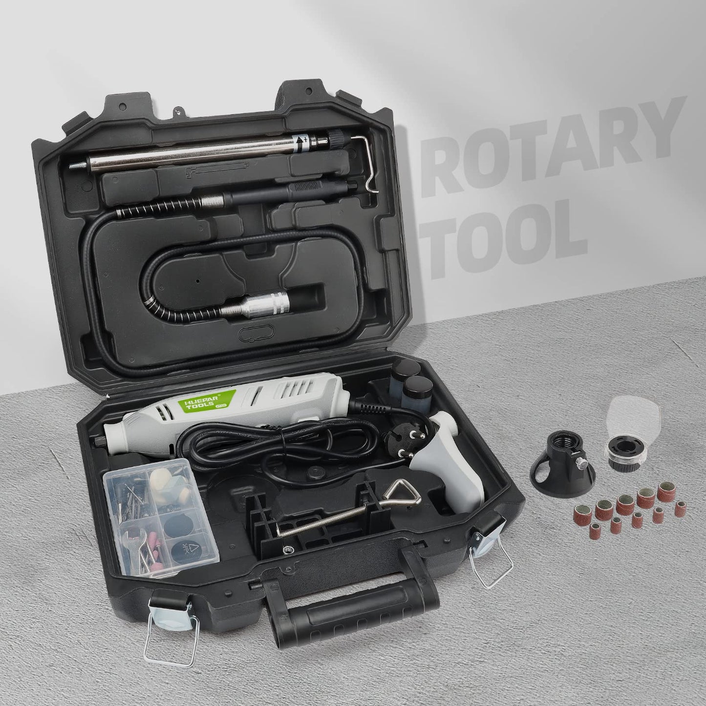 Rotary Tool Kit, 200W 1.8 AMP Huepar Tools with Flex Shaft 239pcs Accessories include MultiPro Keyless Chuck, 6 Variable Speed 10000-40000RPM Electric Drill Set for Crafting Projects and DIY Creations