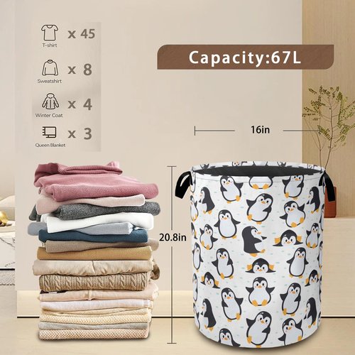 Cute Baby Penguins Laundry Basket,Collapsible Laundry Baskets with Handles,Waterproof Oxford Cloth Storage Basket 16"x20" for Bathroom/Bedroom/Dormitories