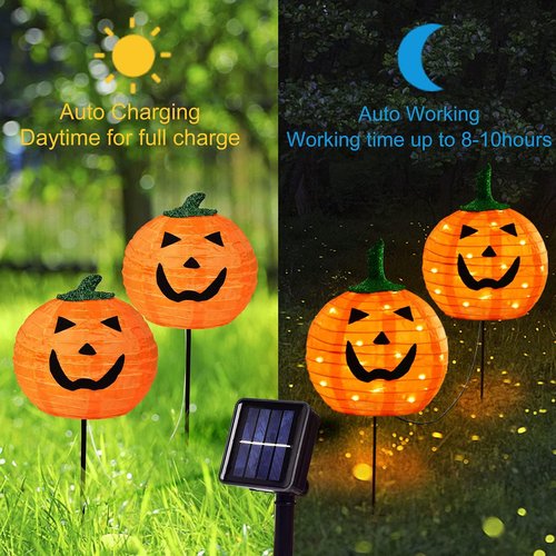 DAYLIGHTIR Solar Halloween Pumpkin LED Lights, Set of 2 Big Pumpkin Stake Lights 2 Modes for Outdoor Halloween Pathway Yard Garden Decoration (Warm White-Pumpkin, 2 Pack)