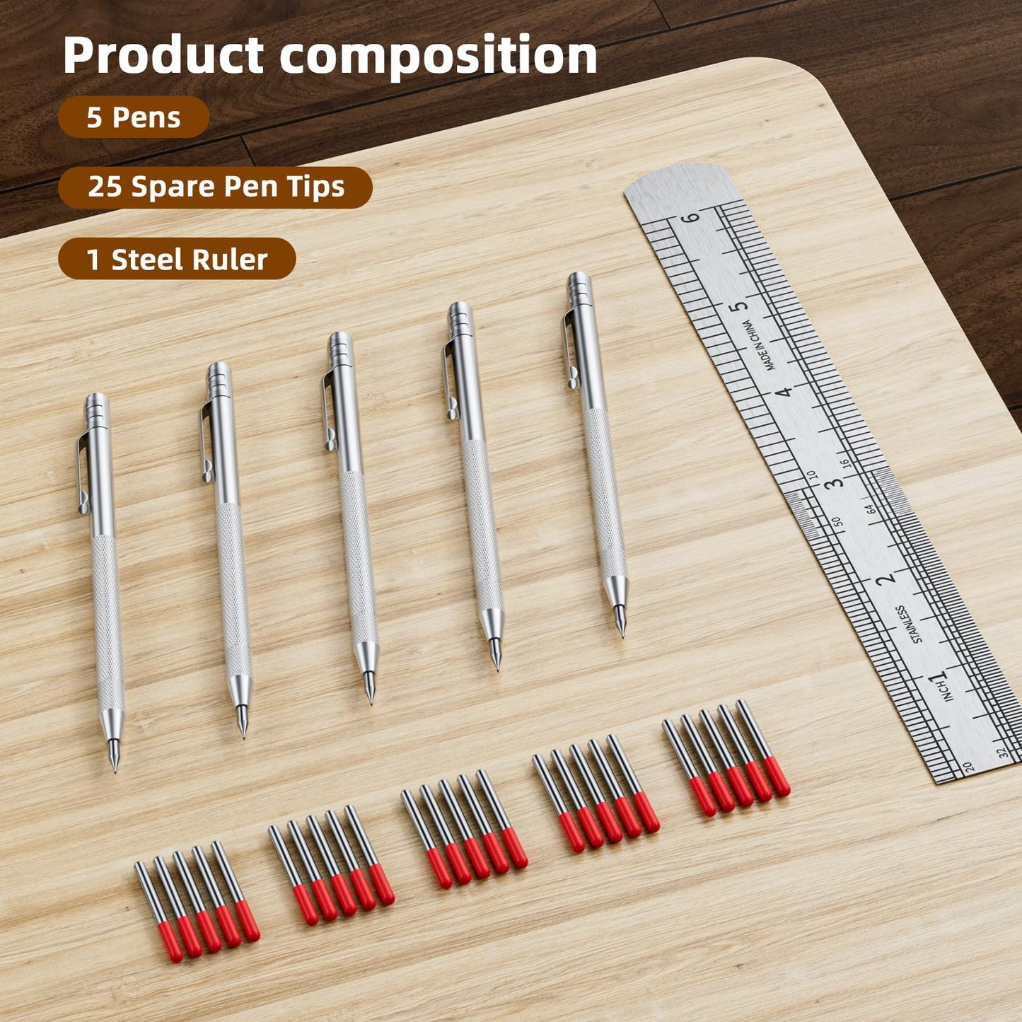 GCHMDE 5-Pack Tungsten Carbide Scriber, Metal Scribe Tool with 25 Replacement Marking Tips & Steel Ruler - Knurled Aluminum Handle & Magnet, Engraving Pen for Glass/Ceramics/Metal Sheet (5)