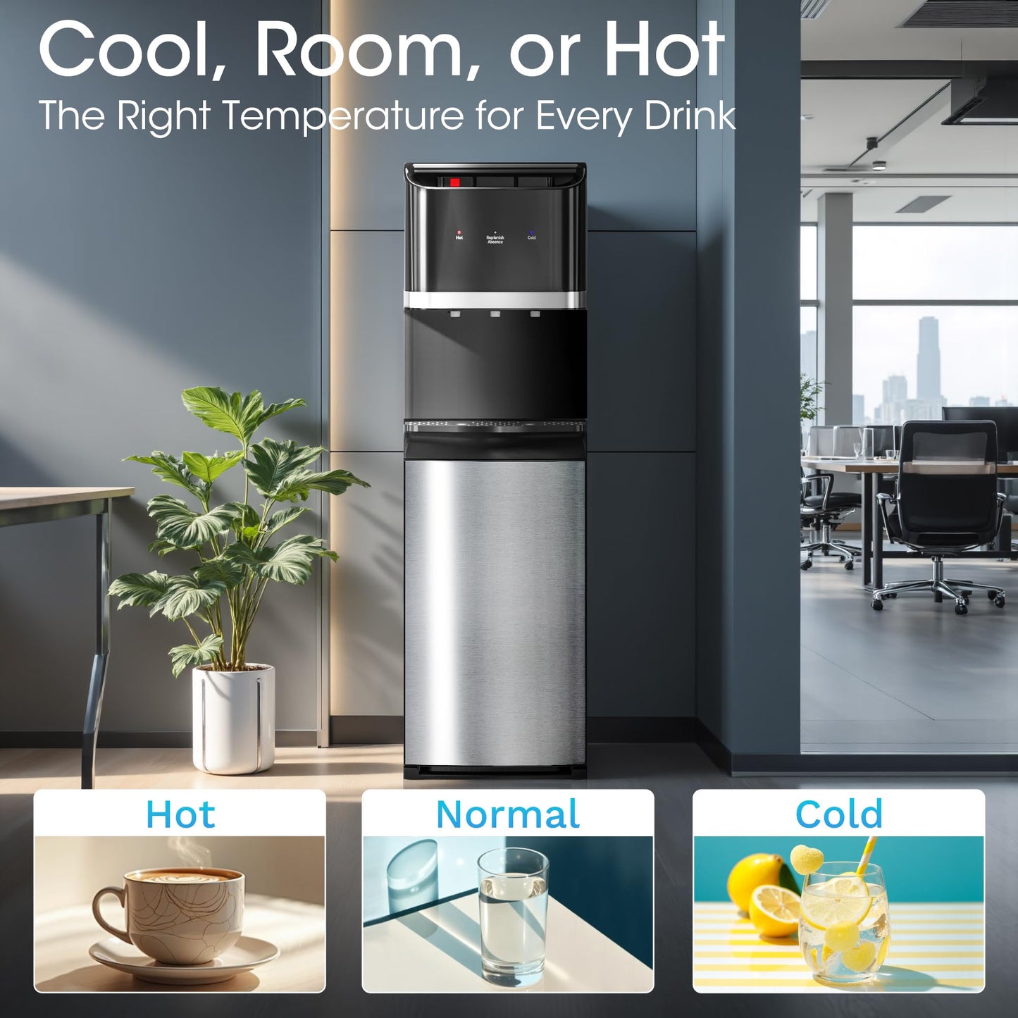 Manastin Bottom Loading Water Cooler Dispenser for 5 Gallon Bottles, Stainless Steel Water Cooler with 3 Temperature Settings - Hot, Cold & Room Water, Ideal Design for Home & Office, Pure Black