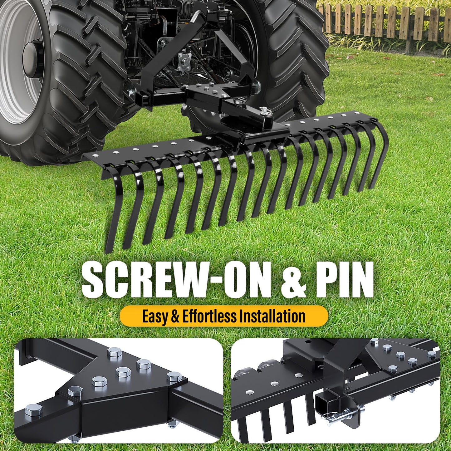 ECOTRIC 50In Landscape Rake Compatible with Category-0 Cat0 Tractor 3 Point & 5-Position Angle Adjustment for Garden, Farm, Grass Steel Powder Coated Black