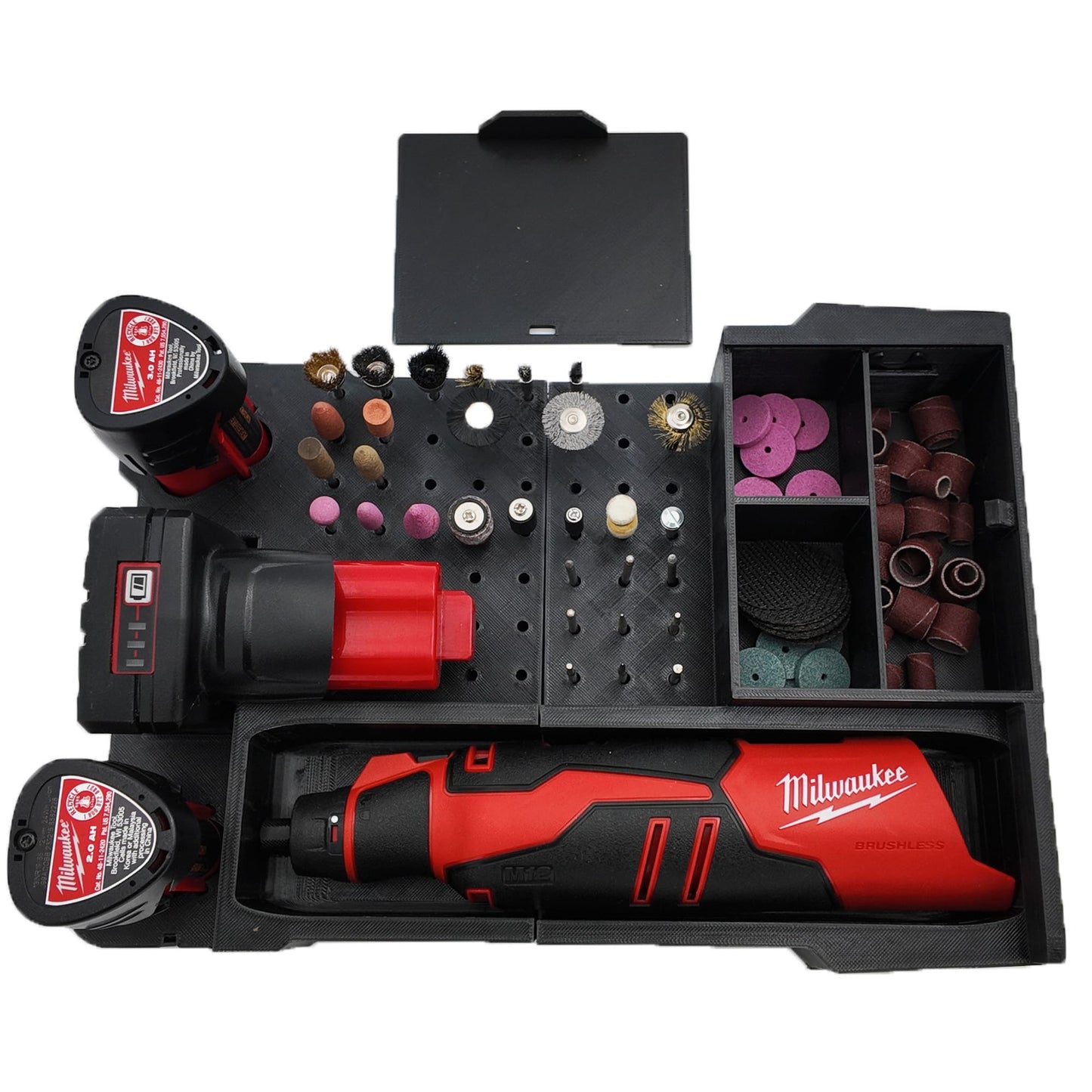M12 Rotary Packout Organizer with Drawer and Bit Storage for Milwaukee Packout Compact Tool Box- Battery, bits, and Blade Storage- Liner Only