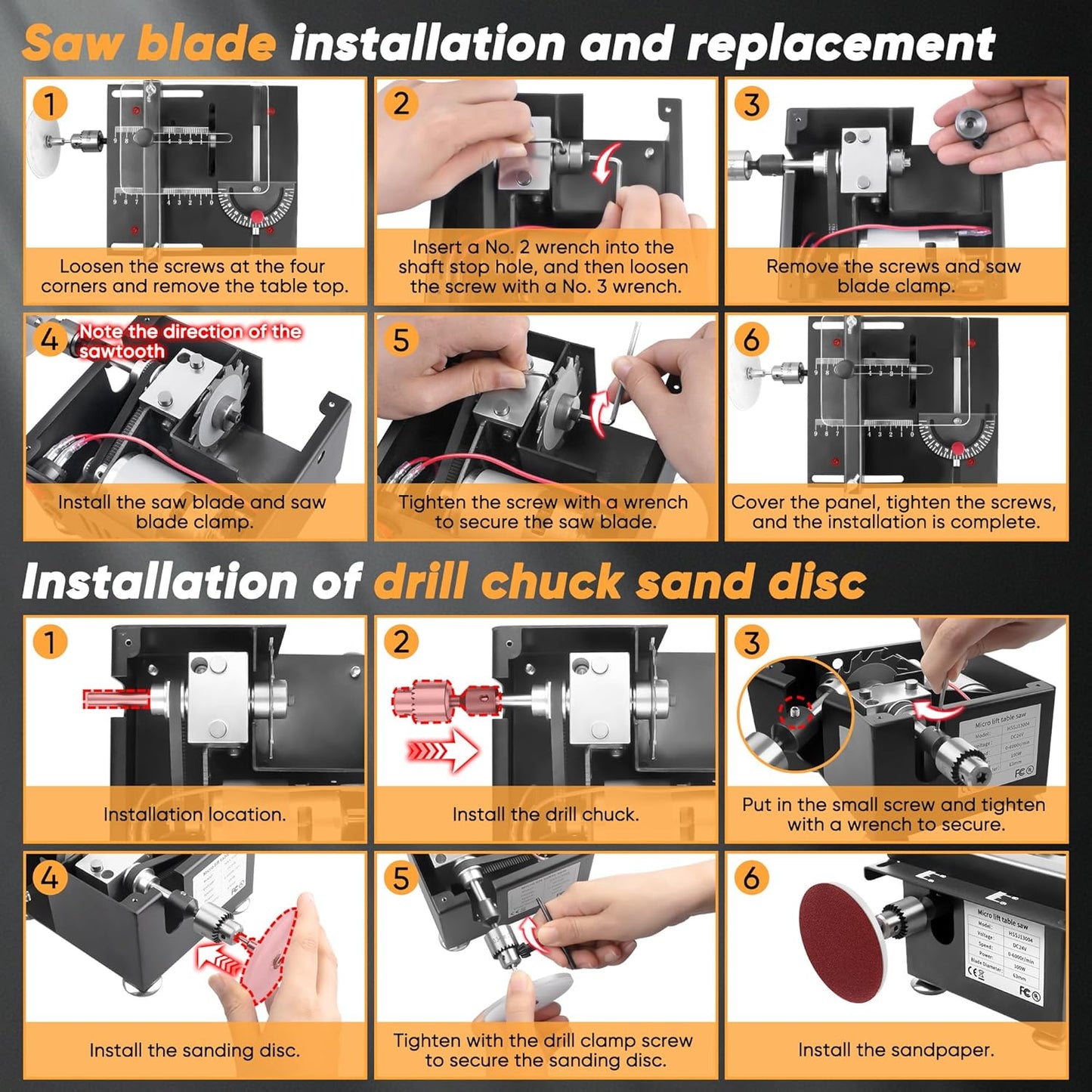 Mini Table Saw, Mini Multi-Functional Table Saw for Crafts, Speed & Angle Adjustable, Cutting | Sanding | Engraving | Drilling All-in-One Machine, for Wood/PCB/Acrylic/Plastic (Liftable & Dark Gray)