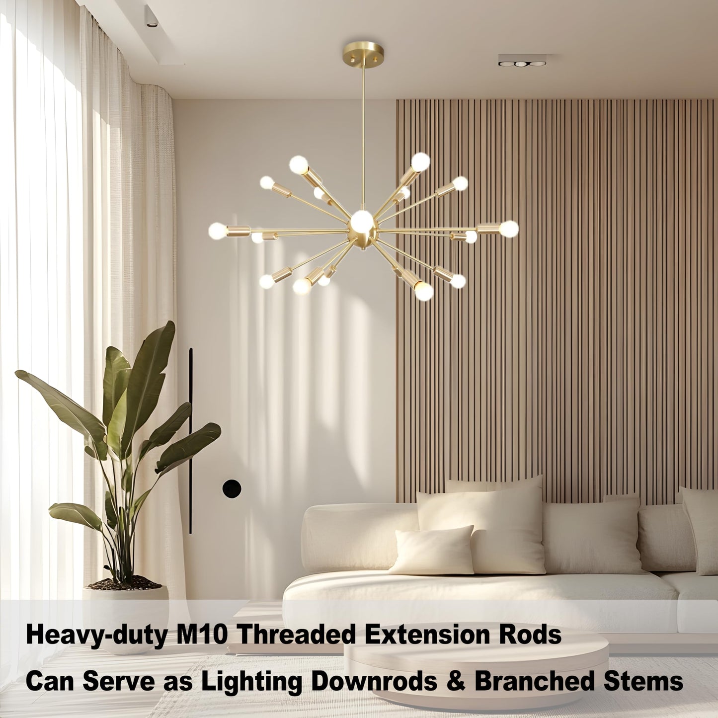8 Pieces M10 Threaded Extension Poles Lighting Fixture Downrods Stems & 180 Degrees Sloped Ceiling Adapter Kits for Pendant Light, Island Lighting, Chandeliers (Brass)
