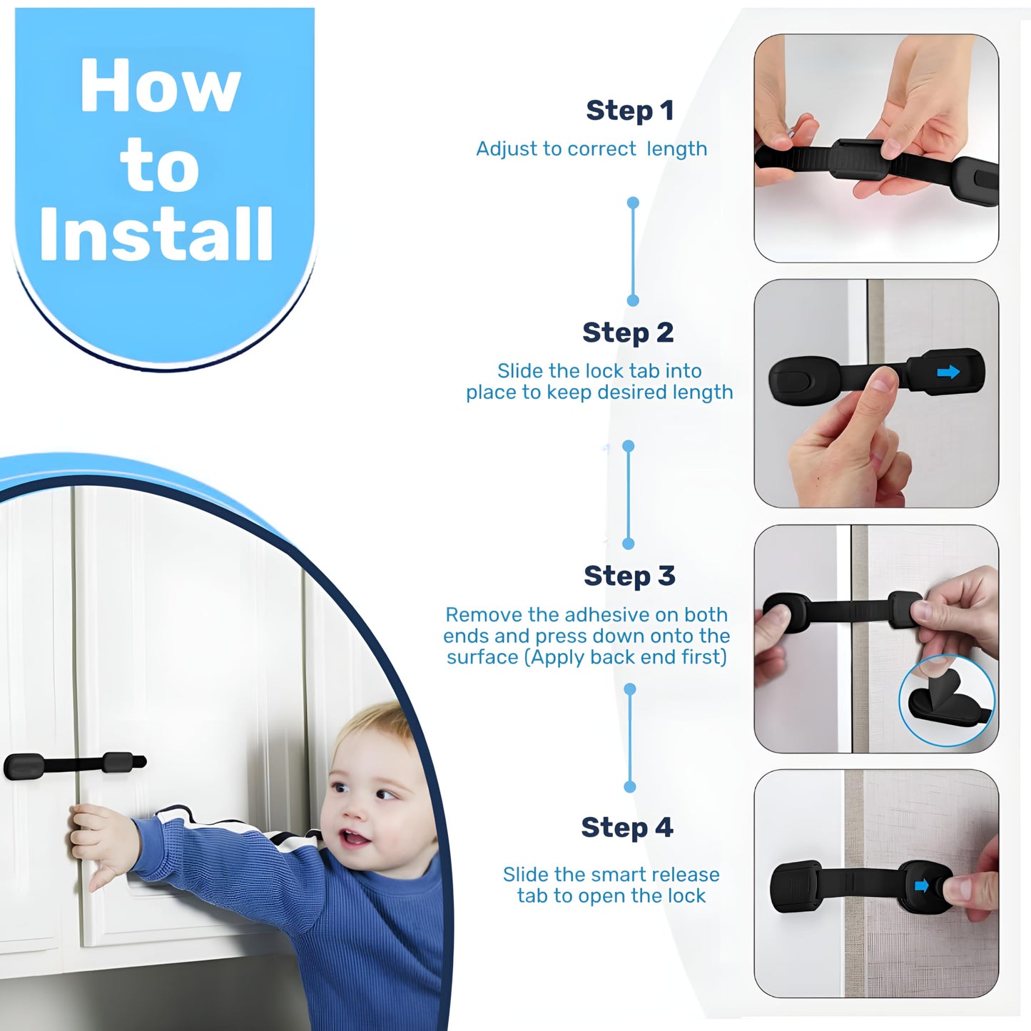 3M Adhesive Child Safety Strap Locks by Baby Proof Me, Baby Latches for Cabinets, Dishwashers, Fridges, Ovens and Trash Cans, Stain Free Toilet Lock (6 Safety Latches)