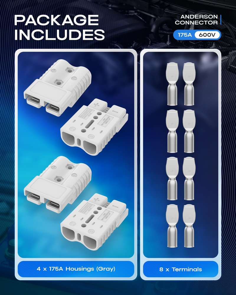 furwishlisting Anderson Connector 175A 600V Battery Quick Connect/Disconnect for 1/0-4 AWG Cables, Anderson Plug for Winch, Trailer, RV, Forklift (Gray, 4 PCS)
