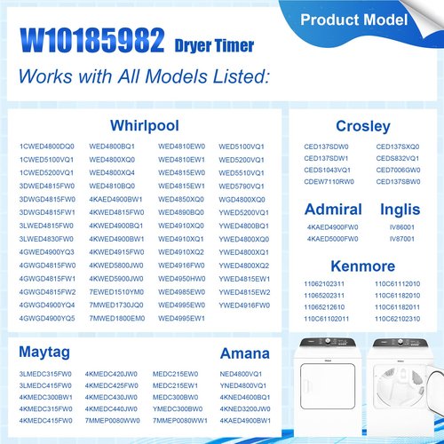 W10185982 Dryer Timer Compatible with Whirlpool Maytag Kenmore Amana Crosley Admiral Inglis Dryer, Replaces WPW10185982 W10185982F W10185982E W10185982G 1546812 AP6016541 PS11749831 418-618-20-B5
