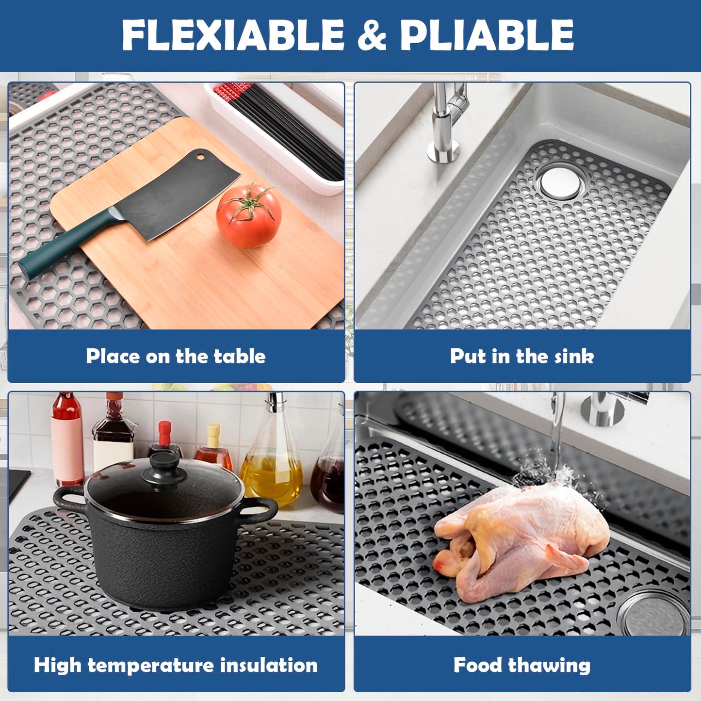 Kitchen Sink Silicone Protector - 28.4" by 14.3" Heat Resistant Non-Slip Silicone Sink Mat to Protect Stainless Steel Sink, Left and Right Drain (Gray)