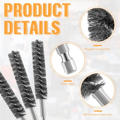 Geiserailie Bore Brush Bristles Wire Brush for Power Drill Cleaning Wire with Hex Shank Handle for Power Drill Cleaning(5 Pieces,Stainless Steel)