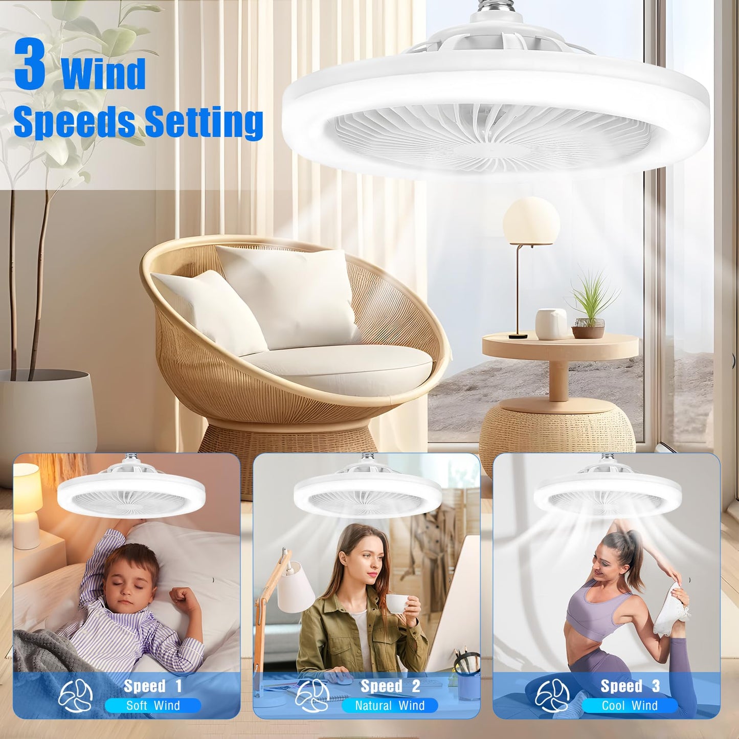 LEOONER Socket Fan Light with Remote,10" Small Ceiling Fans with Lights, 2000 Lumens Dimmable Led Bulb, 3 Colors 3000K-6500K, Easy Install Screw in E26 Base for Bedroom Living Room Kitchen Garage