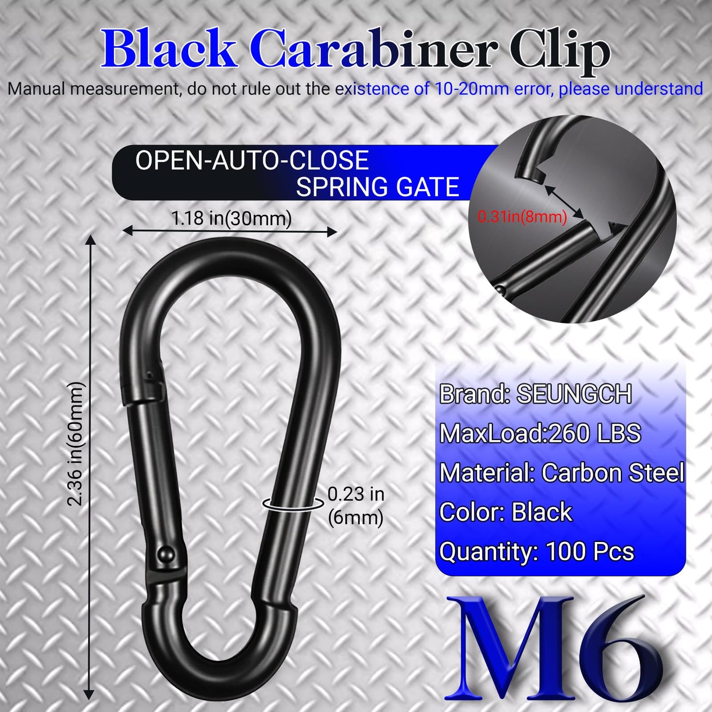 100Pcs 2.36" Spring Snap Hook Carabiners, M6 Galvanized Steel Black Small Carabiner Clip, Keychain Clip, Quick Link Key Chain for Hammock Swing Set Outdoor Travel, Camping, Fishing, Hiking