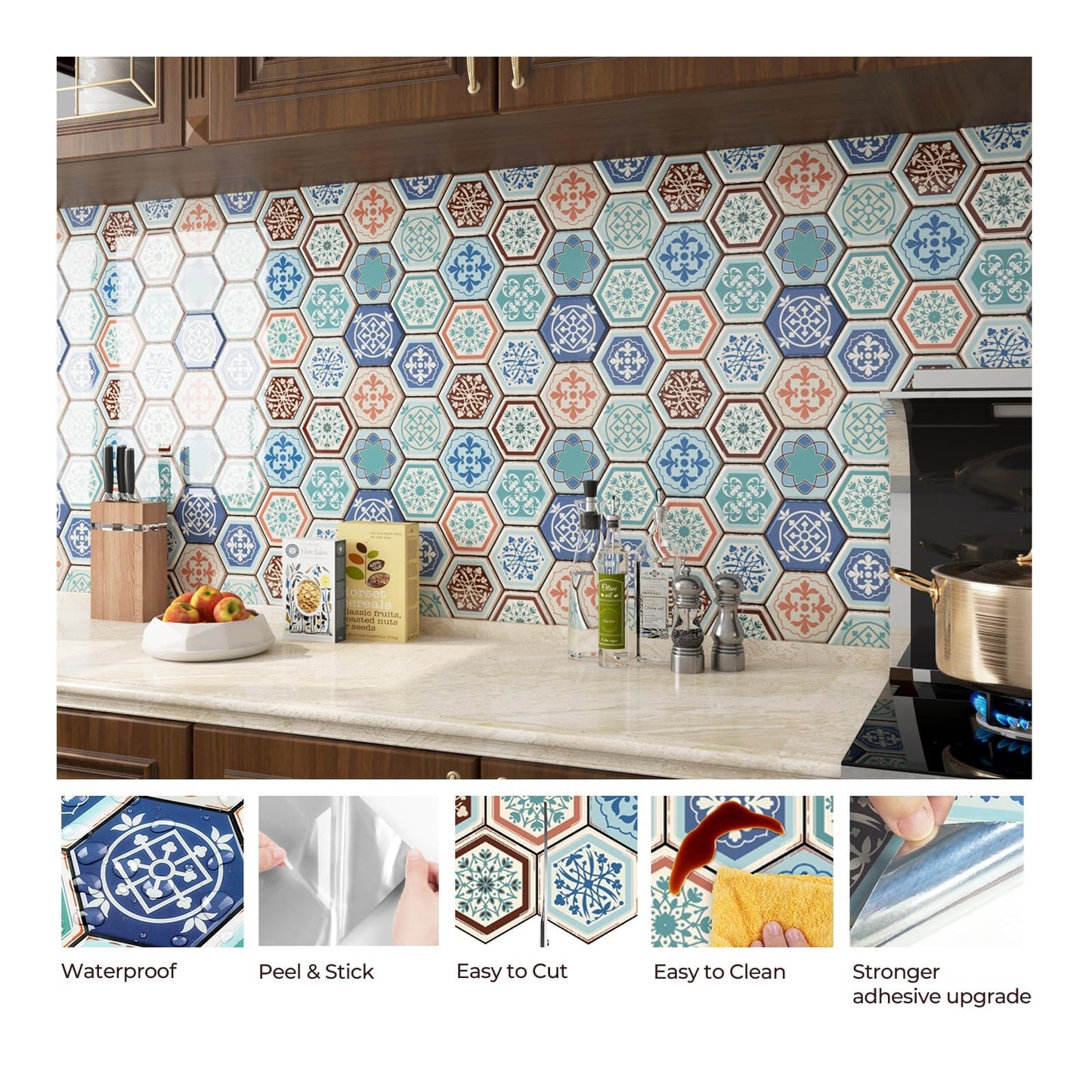 FunStick 15 Pcs Teal Blue Peel and Stick Tile Backsplash for Kitchen Bathroom Boho Self Adhesive Wall Tiles 12"x12" Removable Peel and Stick on Backsplash Tiles for Renters Kitchen Shower Tile Sticker