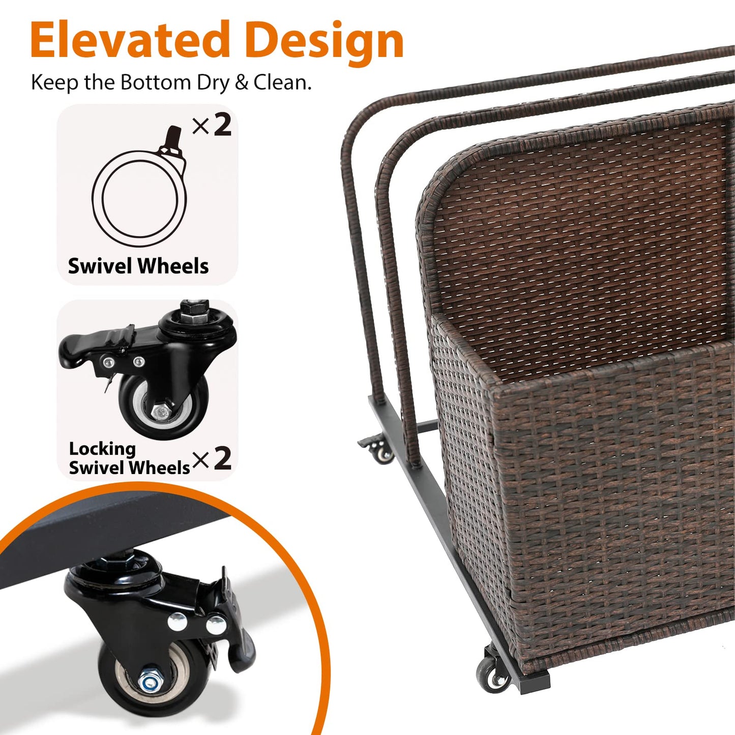 LUCKWIND Poolside Float Storage Organizer, Outdoor Rattan Pool Caddy with Wheels & Basket Holder for Patio, Pool, Garden Sturdy & Movable (Dark Brown)