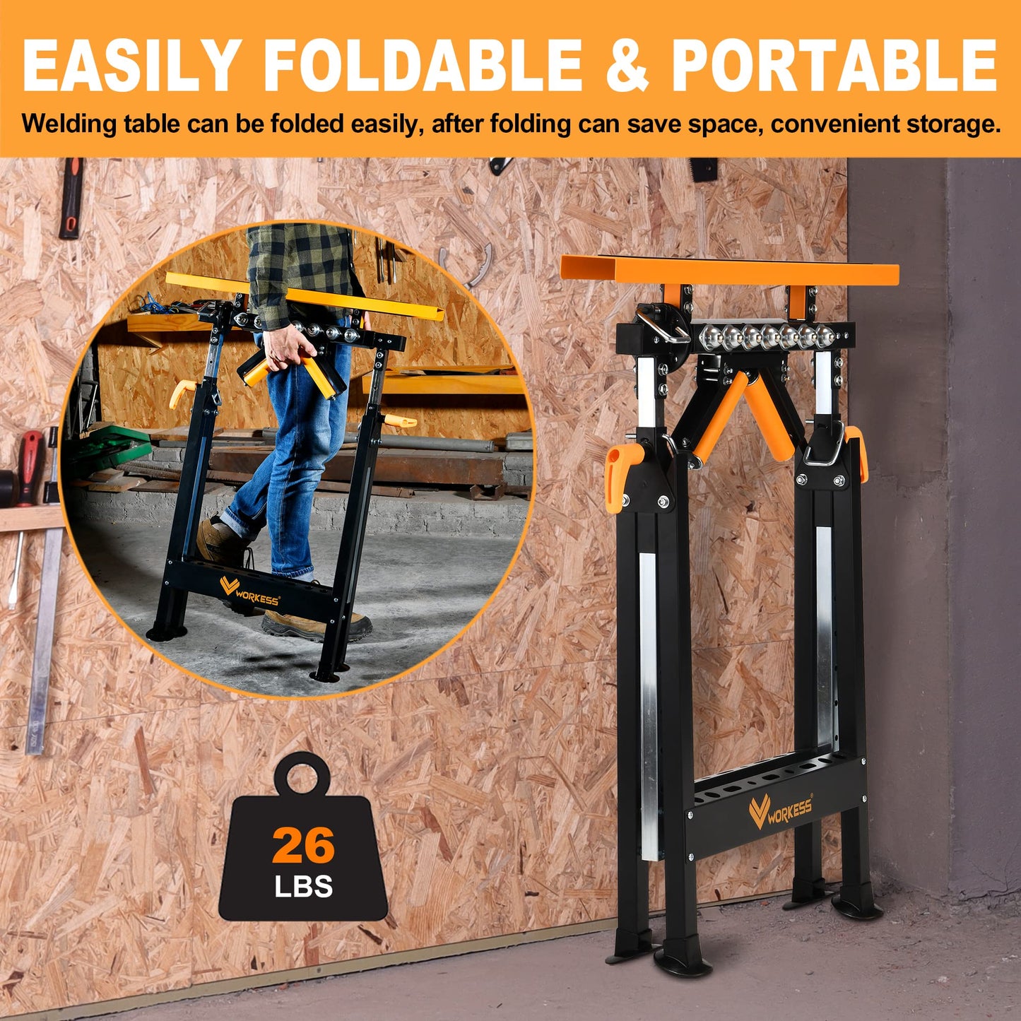WORKESS 4 in 1 Roller Stand, Stable 440 Lbs Load Capacity with Saw Horses, V-Shaped, Multi-Directional Rollers & Outfeed Roller, Adjustable Height 33”- 50”, Folding for Woodworking