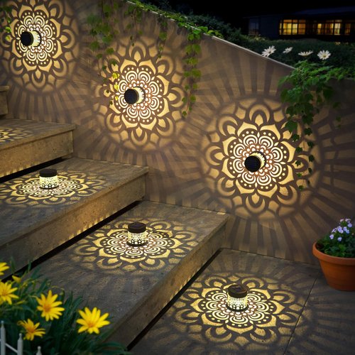 EKQ Solar Fence Lights 2 Pack Outdoor Deck Step Wall Lights Metal Waterproof LED Warm Yellow Light for Garden Post Patio Backyard Yard Decor (Mandala-1)