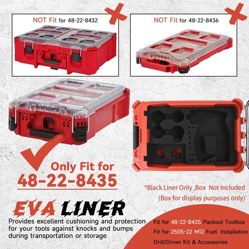 Terixe EVA Liner for Milwaukee 48-22-8435 Packout Tool Box - Precision-Cut Foam Insert Organizer for 2505-22 M12 Fuel Installation Drill/Driver Kit & Accessories (Black)
