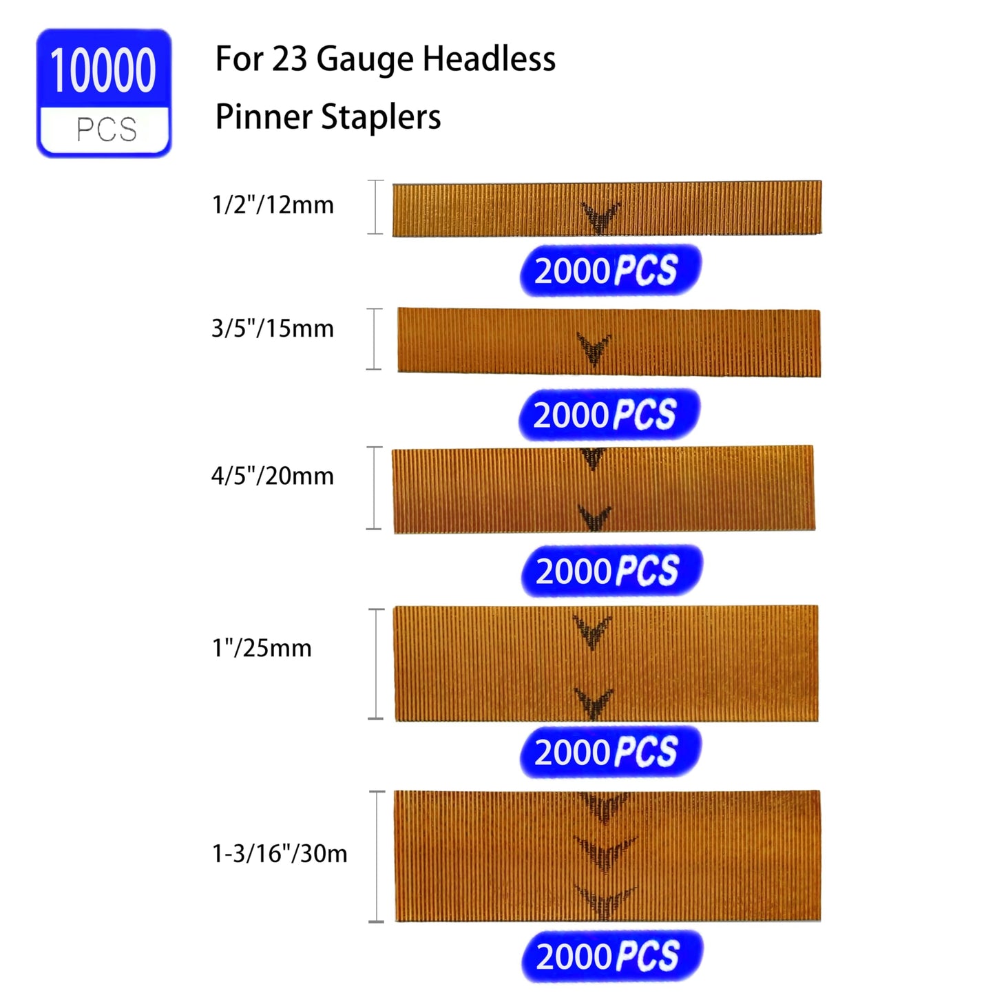 KOFDVDZ 23 Gauge Pin Nails Headless Pinner Nails 10000 Pieces 5 Sizes, 1/2 ",3/5 ",4/5 ",1 ",1-3/16 ", for Multilayer Board, particleboard, Soft Hardwood, Woodworking and Other DIY