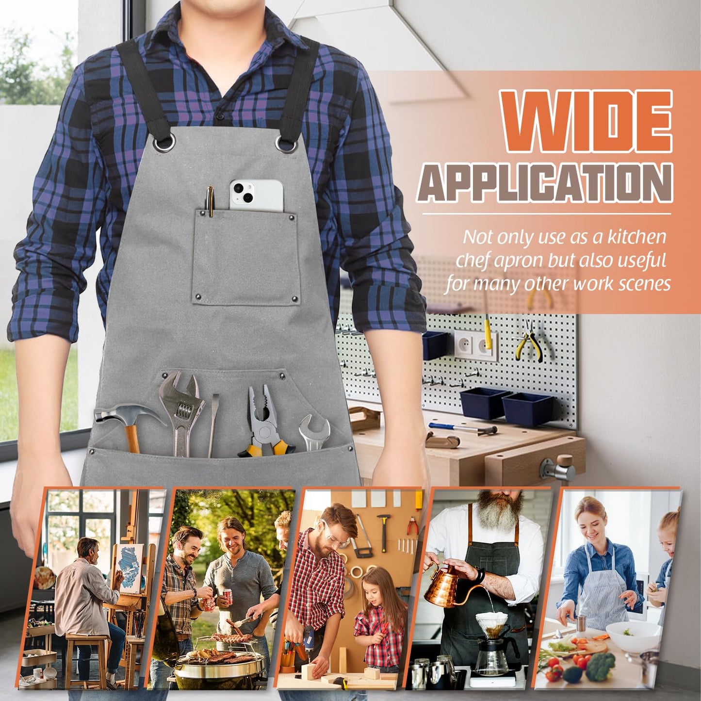 Dadidyc Adjustable Work Apron for Men,Heavy Duty Canvas Shop Apron Crossback with Tool Pockets (Grey)