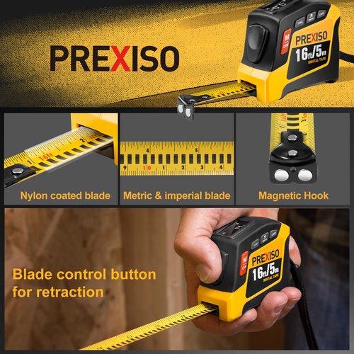 PREXISO 2-in-1 Digital Tape Measure - 16Ft Rechargeable Measuring Tape Ruler Ft/Ft+in/in/M/CM/MM Unit - Metric & Inches Retractable Measurement Tape Tool with Magnetic Tip - Pythagorean, Area, Volume