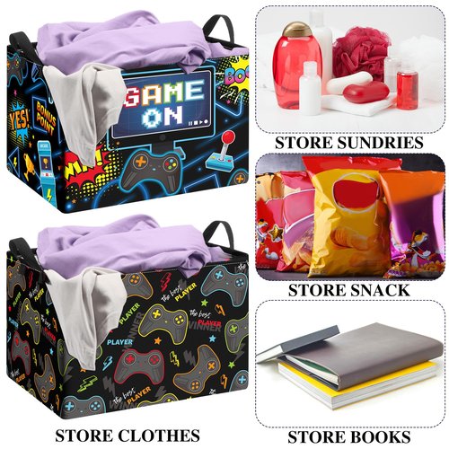 Weysat 2 Pcs Gaming Laundry Basket for Boys Gamer Hamper Video Game Cube Storage Bins with Handles Rectangle Foldable Waterproof Clothes Toys Storage Organizer for Bedroom Bathroom Gamer Room Decor