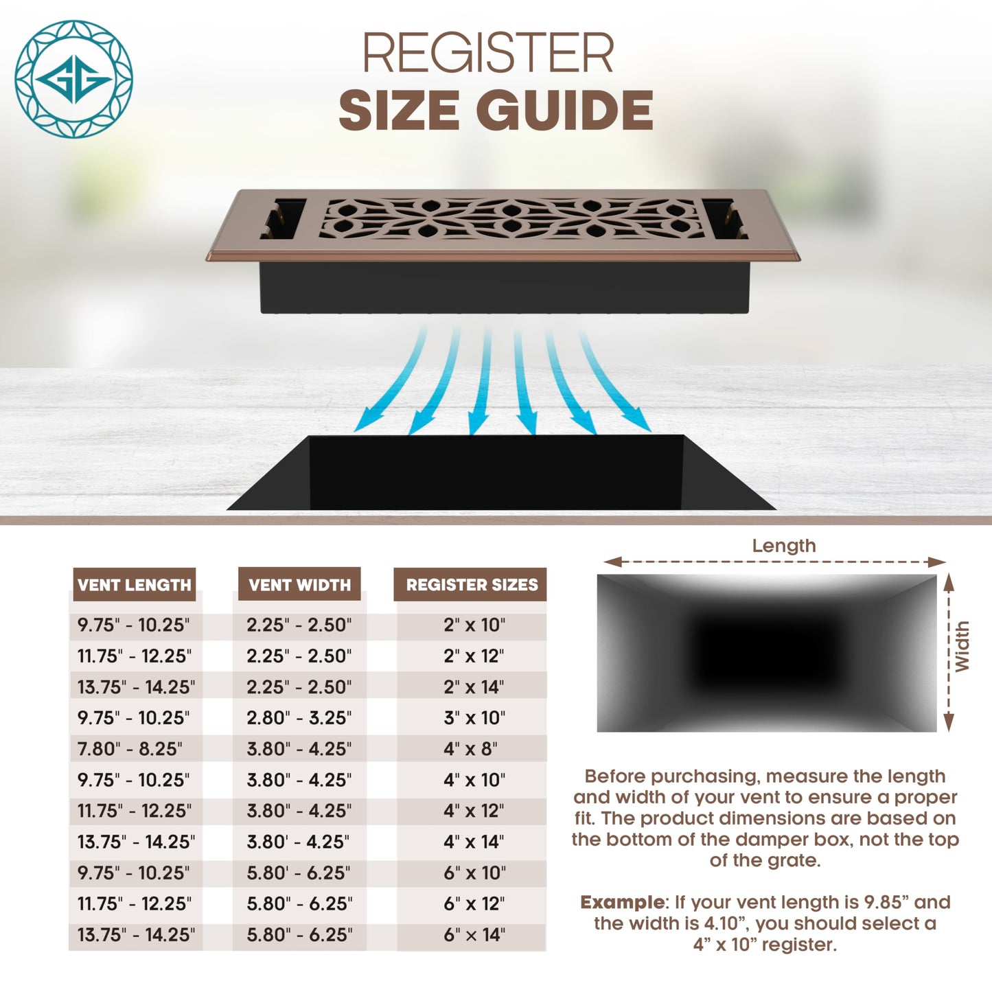 Floor Vent Covers – 4x10 Floor Register – Heavy-Duty Steel, Rustproof & Walkable Grates, Drop-in Install, Adjustable Airflow – Decorative (Floral Satin Rose Bronze, 8 Pack)