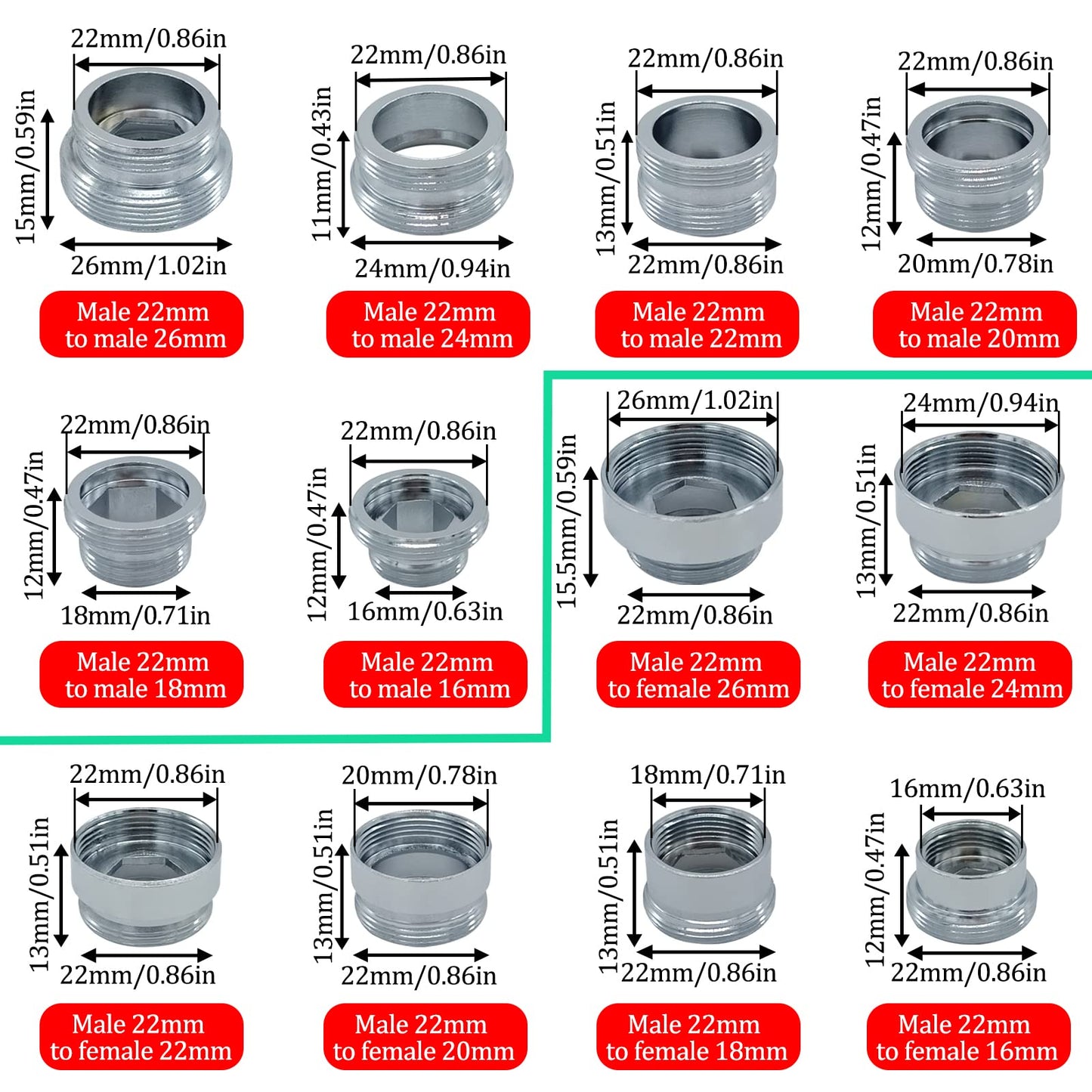 12 Pieces Faucet Adapter Kit Kitchen Aerator Male To Female Male Faucet Water Hose Adapter(Faucet Adapter Various Sizes)