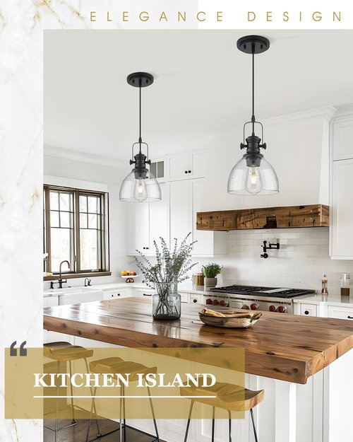 Audickic 2 Pack Pendant Lights Kitchen Island, 7.5" Black Pendant Lighting with Clear Seeded Glass Shade, Farmhouse Hanging Light Fixtures for Dining Room, AD-22151-1P2-BK
