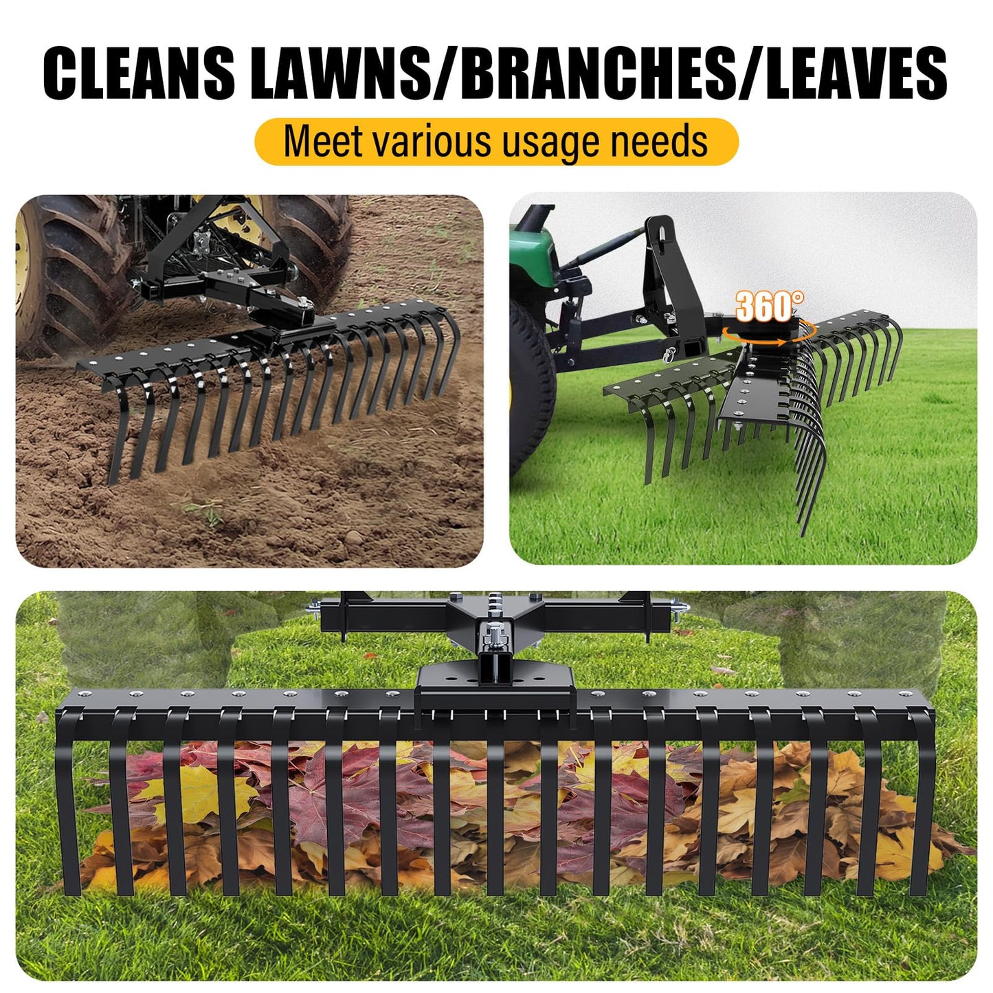 ECOTRIC 50In Landscape Rake Compatible with Category-0 Cat0 Tractor 3 Point & 5-Position Angle Adjustment for Garden, Farm, Grass Steel Powder Coated Black