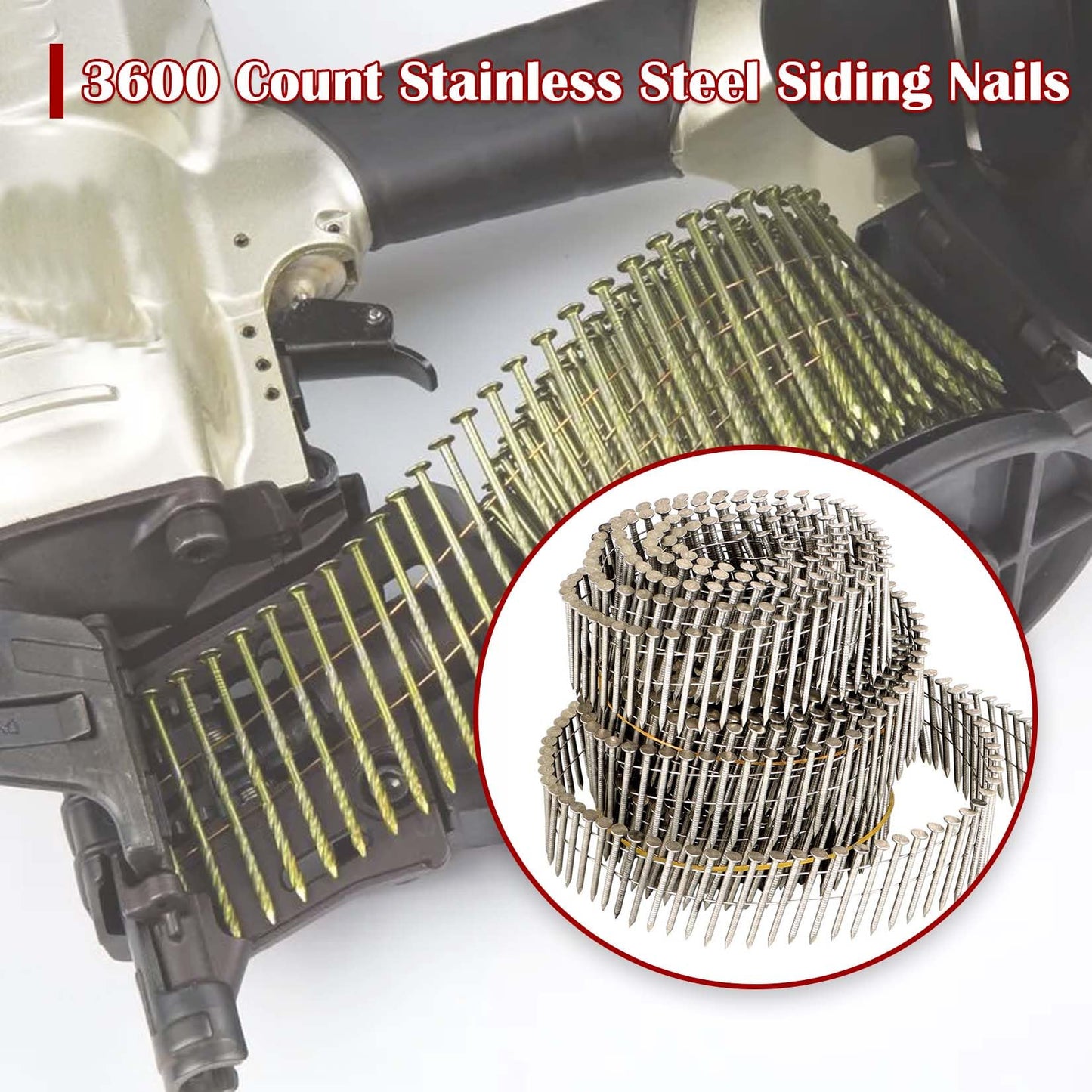 findmall 3600 Count 1-1/2-Inch x .090-Inch Ring Shank Stainless Steel Siding Nails 15-Degree Collated Wire Coil Siding Nails for Wood Siding or Fencing Applications