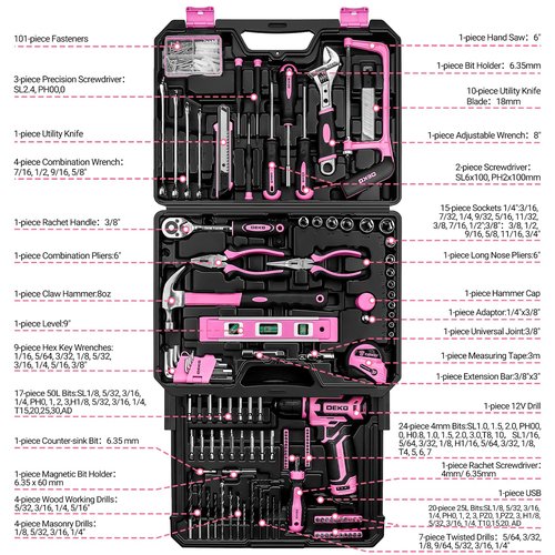 Pink Tool Kit Box Drill Set:DEKOPRO Home Mechanic Toolbox with 12V Power Cordless Drill Hand Repair Tools Sets Combo Kits Storage Organizer Drawer Case for Men & Women