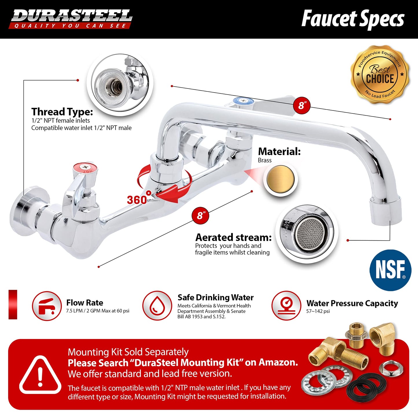 DuraSteel Commercial Kitchen Sink Faucet - No Lead 8" Center Wall Mount Utility Sink Faucet with 8'' Swivel Spout - NSF Certified - Dual Lever Handles - Brass Constructed & Chrome Polished