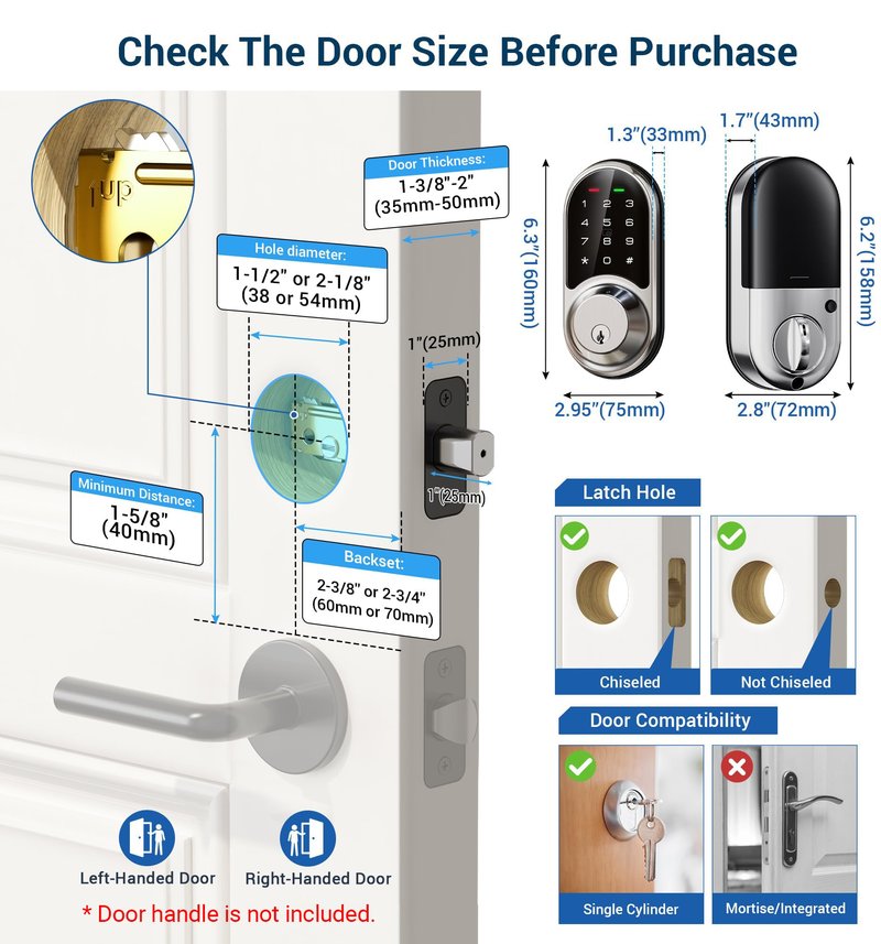 Veise RZ06 Smart Lock for Front Door with App Control, Keyless Entry, Electronic Digital Deadbolt with Touchscreen Keypad Set, Smart Deadbolt, Auto Lock, Easy Installation, Satin Nickel