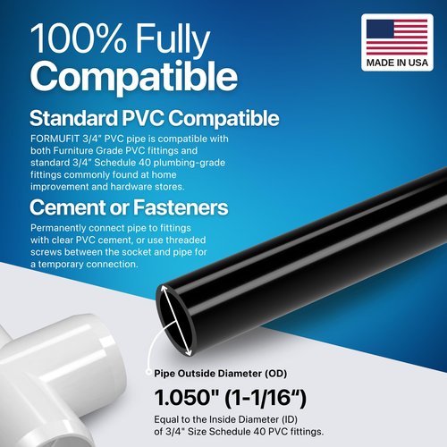 FORMUFIT PVC Pipe, 3/4" Size, (1.050" Actual OD) Sch 40 Furniture Grade, Black (40"L x 3-Pack) DIY Structural for Greenhouse, Garden, Dog Agility and Maker Projects - P034FGP-BK-40x3