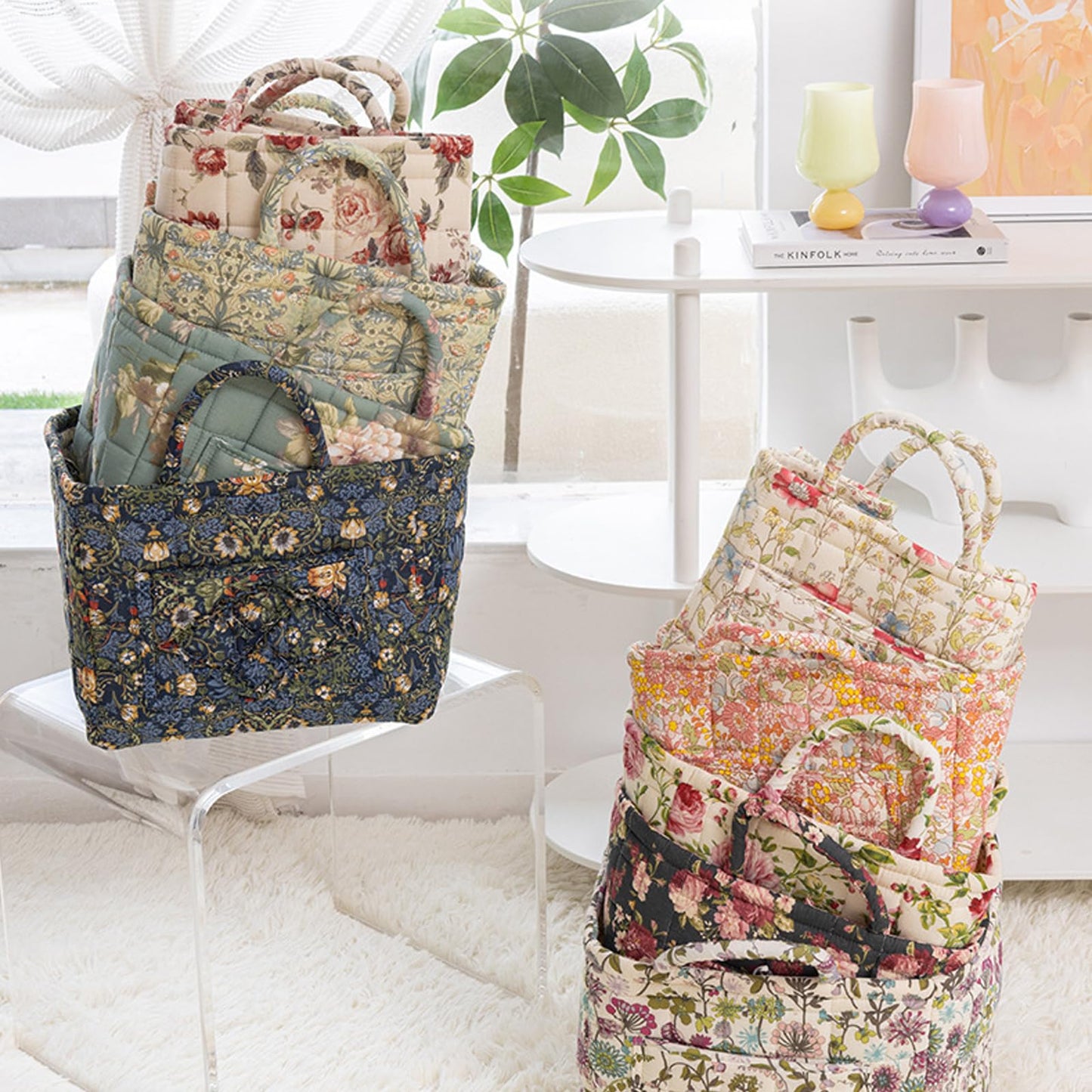 Boho Fabric Storage Basket - Bohemian Style Tote Bag, Boho Floral Laundry Baskets, Large Capacity Fabric Storage Basket for Clothes and Sundries (A)