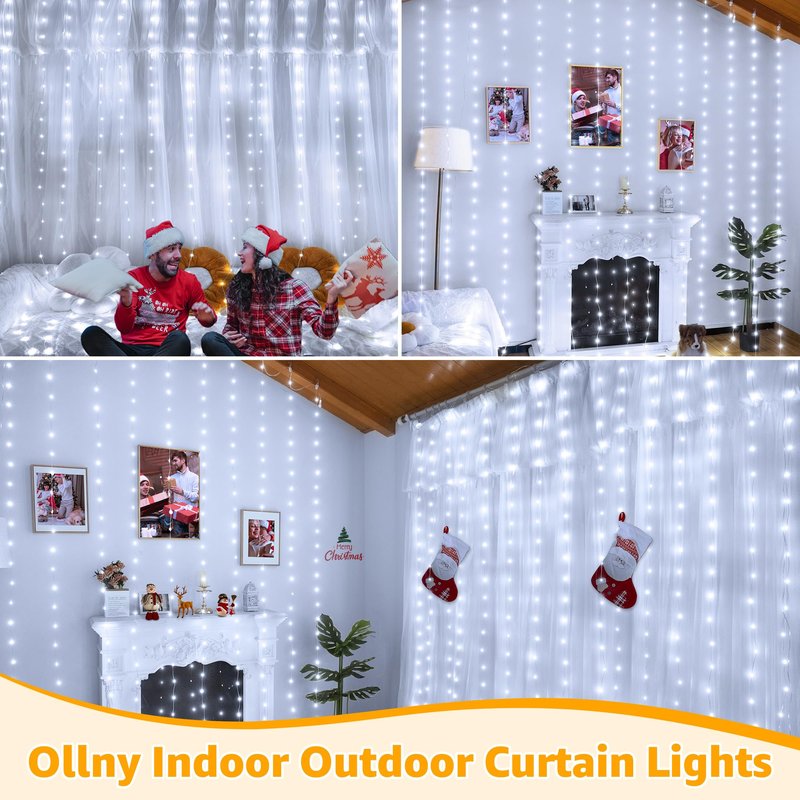 Ollny Curtain Lights 600LED 19.7ft x 9.8ft, IP67 Waterproof Outdoor Curtain Rice Lights with Remote, Plug-in Untangle Fairy Curtain Light with 8 Modes 3 Timers for Wall Backdrop Decor(Cool White)