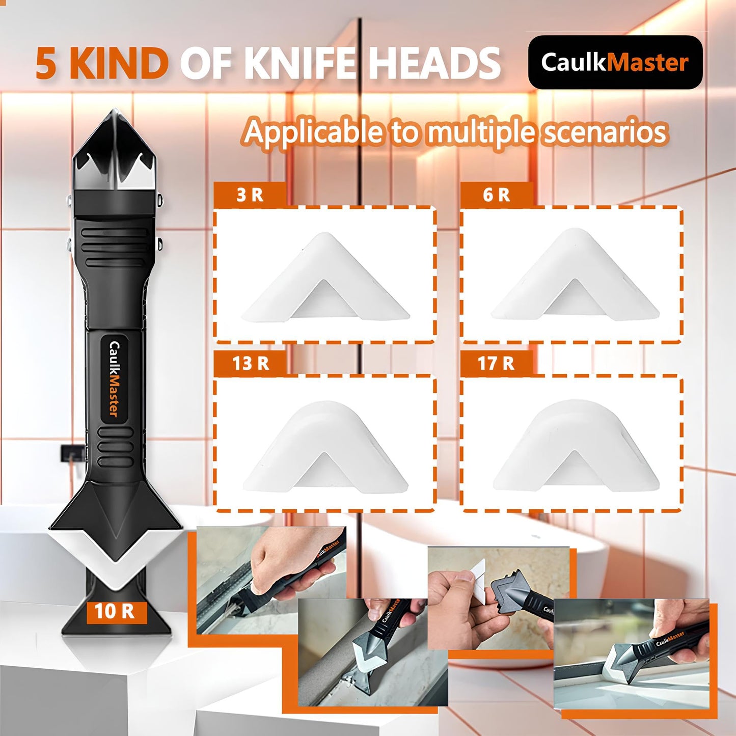 Silicone Caulking Tool Kit – Sealant Remover, Caulk Smoother & Finishing Tool, 3-in-1 Caulking Tool with 5 Pads, Steel Scraper & Corner Tools for Bathroom, Kitchen, Tile, Sink, Wall, Window, Bathtub