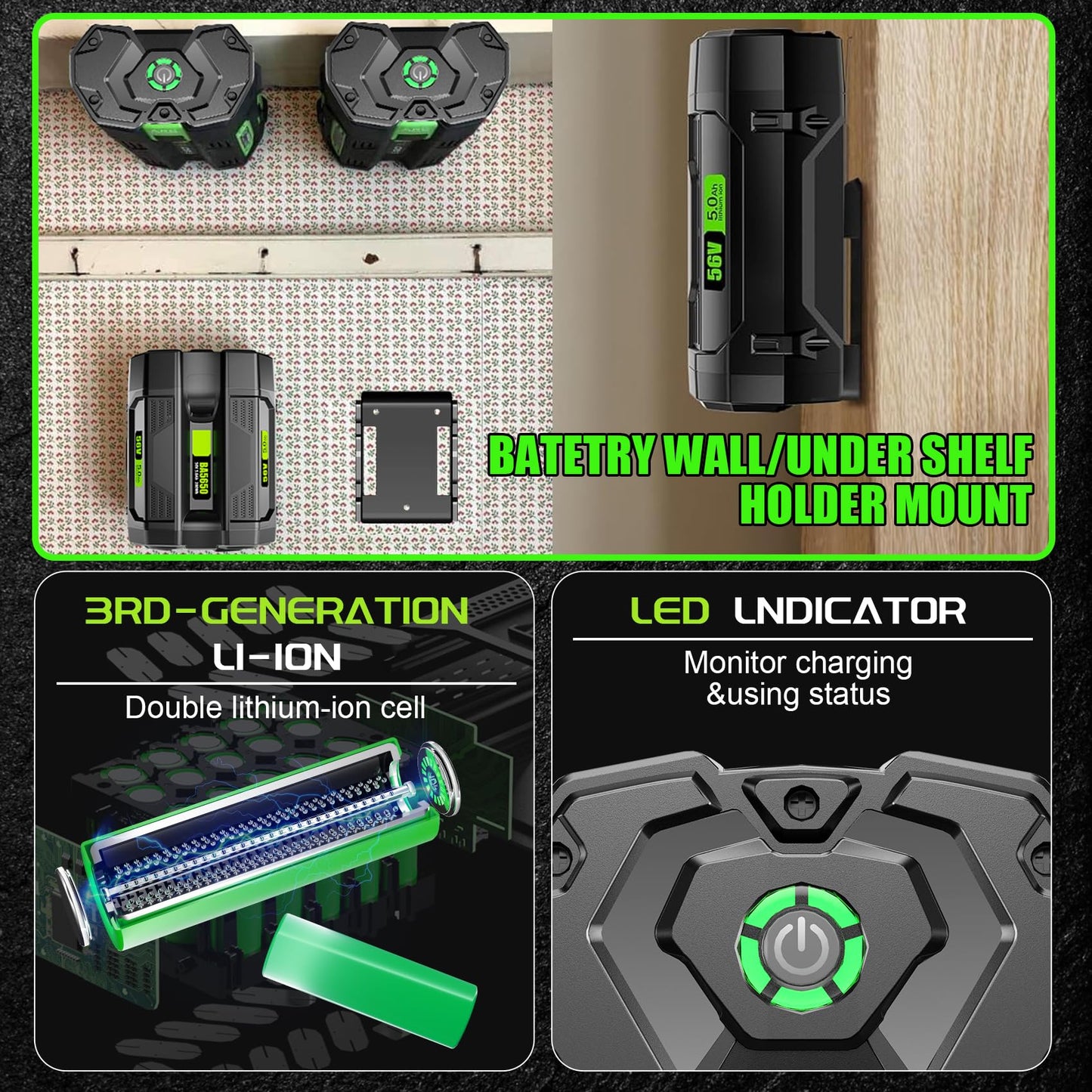 【with Wall Holder】56V 5.0Ah Replacement Battery for EGO 56V Battery BA2800T BA4200 BA5600T BA1400, Compatible with EGO 56 Volt Battery Power+ Tools STA1500 ST1502LB CS1604 LB4800 LB6504 LB5804 HT2400