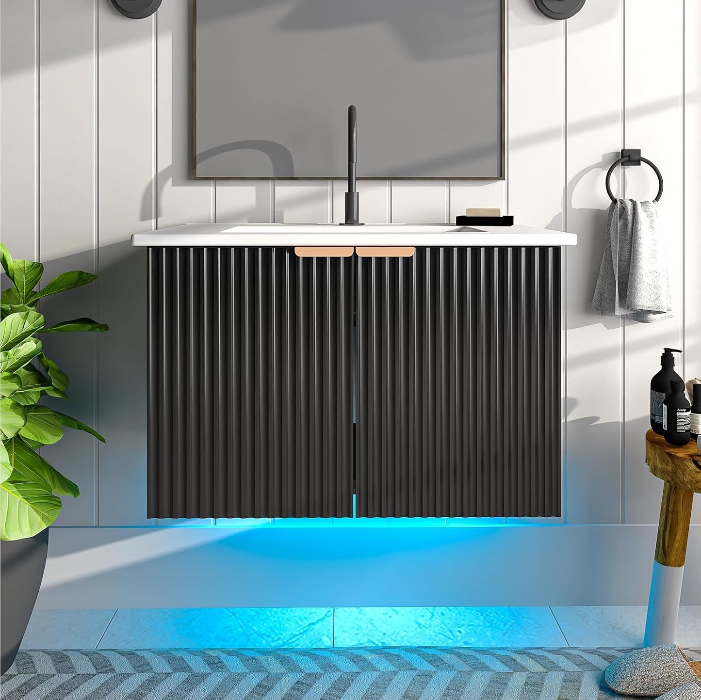 Bathroom Vanity with Sink, 30" Wall Mounted Floating Vanity Cabinet, Modern Bathroom Sinks with LED Light, Metal Handle & Double Soft-Close Doors, Black