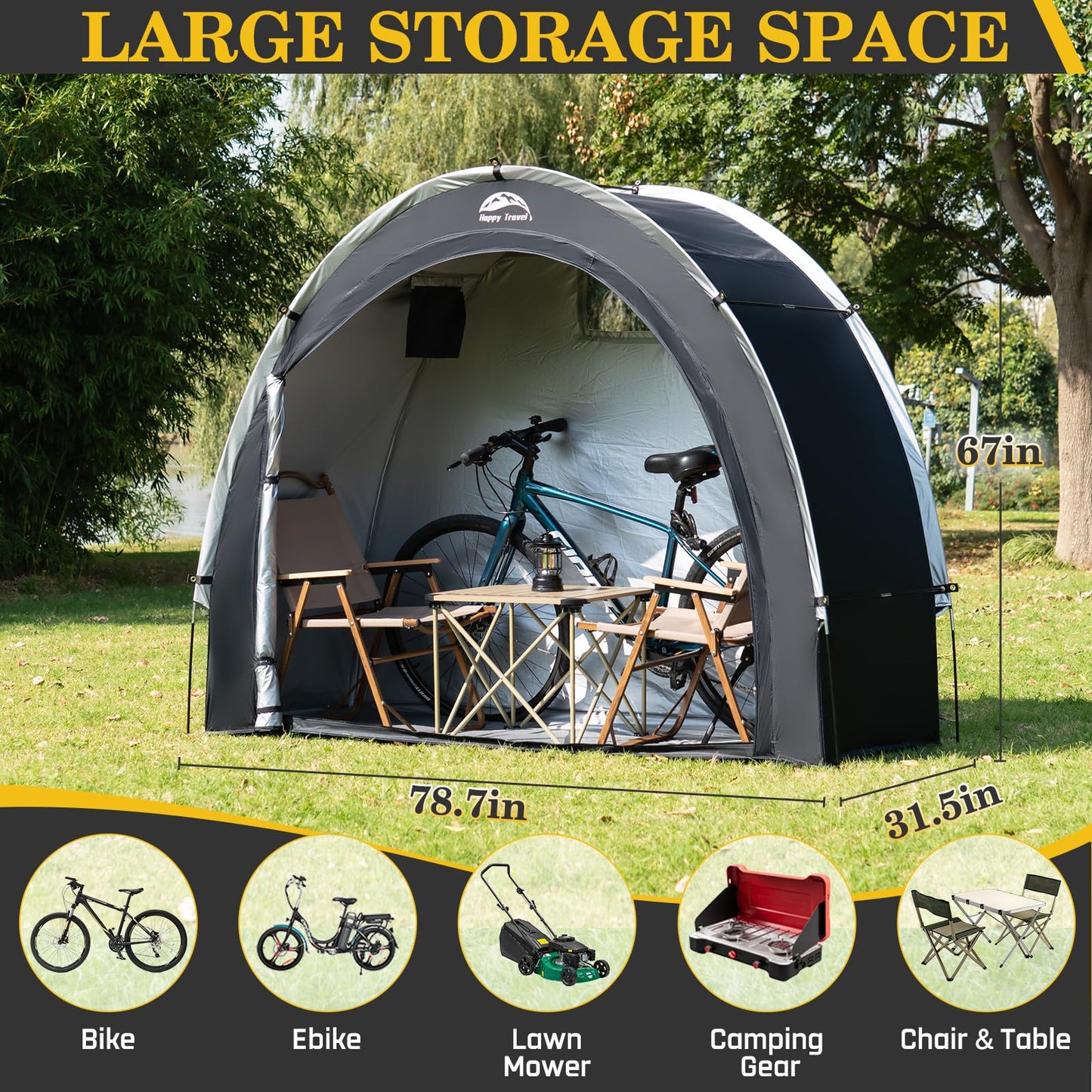 Happy Travel Bike Storage Shed Tent,Outdoor Portable Bicycle Storage Sheds with 210D Oxford Fabric PU4000 Waterproof for 2/3/4/6/8 Bikes,Bike Covers Shelter for Motorcycle,Garden Tools,Toys,Lawn Mower