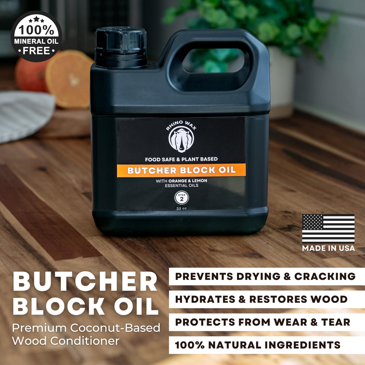 Rhino Wax Coconut Butcher Block Oil - 32oz Refill - Premium Natural Blend of Food Safe Oils (NO Mineral Oil) - Butcher Blocks, Wood Countertops, and Cutting Boards - Made in The USA