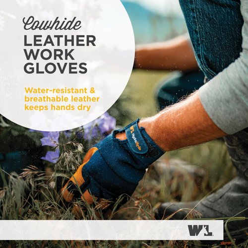Wells Lamont Men's Leather Palm Work Gloves | Heavy Duty, Form Fitting for Improved Dexterity | Made with Water-Resistant HydraHyde, Blue, Large (3207L)