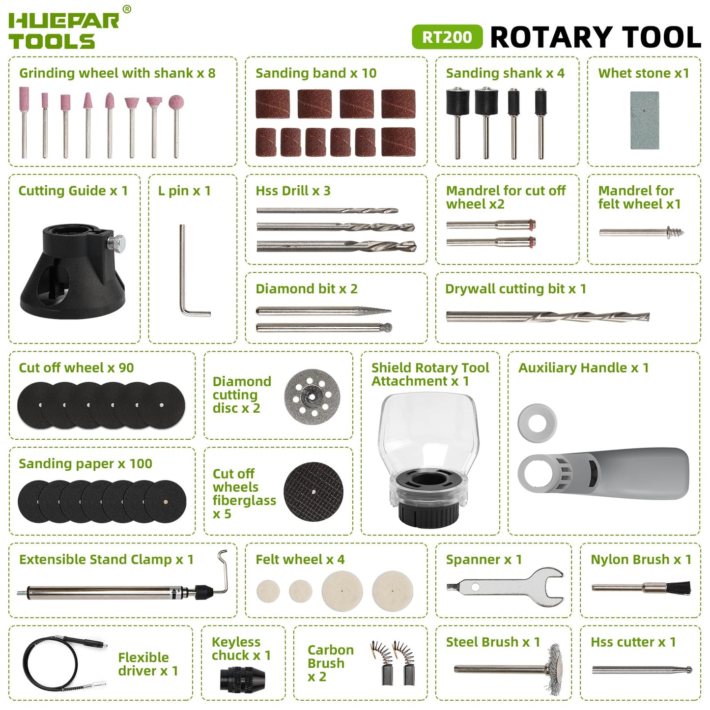 Rotary Tool Kit, 200W 1.8 AMP Huepar Tools with Flex Shaft 239pcs Accessories include MultiPro Keyless Chuck, 6 Variable Speed 10000-40000RPM Electric Drill Set for Crafting Projects and DIY Creations