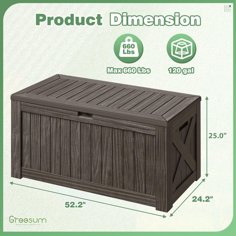 Greesum Outdoor Storage Box 120 Gallon Storage Bin with Lid for Patio Furniture, Garden Tools, Pool Supplies, Lockable, Waterproof and UV Resistant, Dark Brown